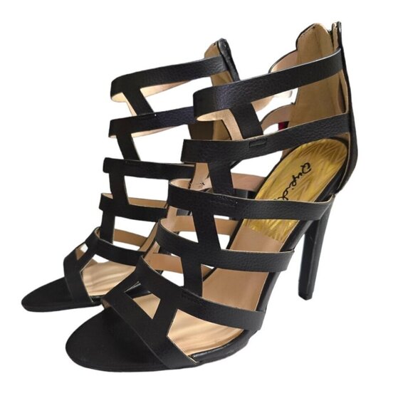 Qupid Black Interest-127 Leatherette Caged Open Toe Stiletto Sandal Sz 7.5 - Picture 1 of 8